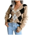 thumbnail image 1 of GBSYEWXS Women Sweater V-Neck Color Block Long Sleeve Outwear Comfortable Khaki Sweater, 1 of 9