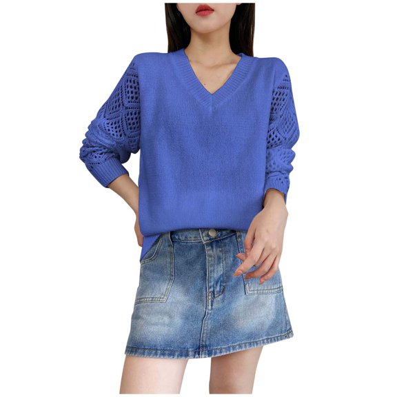 GBSYEWXS Women Sweater V-Neck Long Sleeve Pullover Hollow-Out Solid Color Sweater Knit Dark Blue