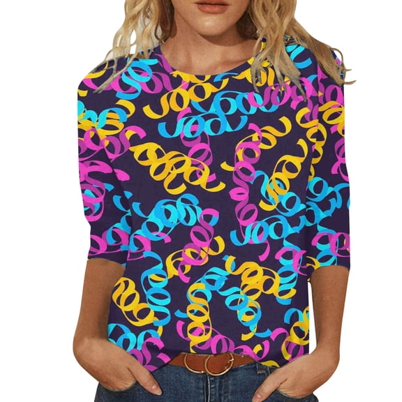 GBSYEWXS Women T-Shirts Festival Crew Neck Shirts 3/4 Sleeve Carnival Print Yellow Tops