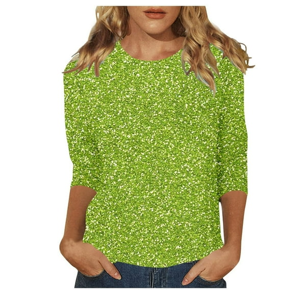 GBSYEWXS Women T-Shirts Soft Crew Neck Tops 3/4 Sleeve Sequins Green Shirts