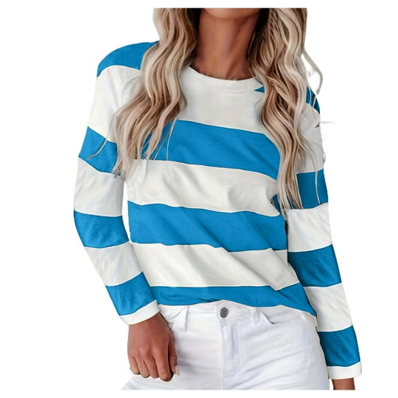 GBSYEWXS Women Tops Crew Neck Elegant T-Shirts Soft Striped Print Long Sleeve Light Blue Tee