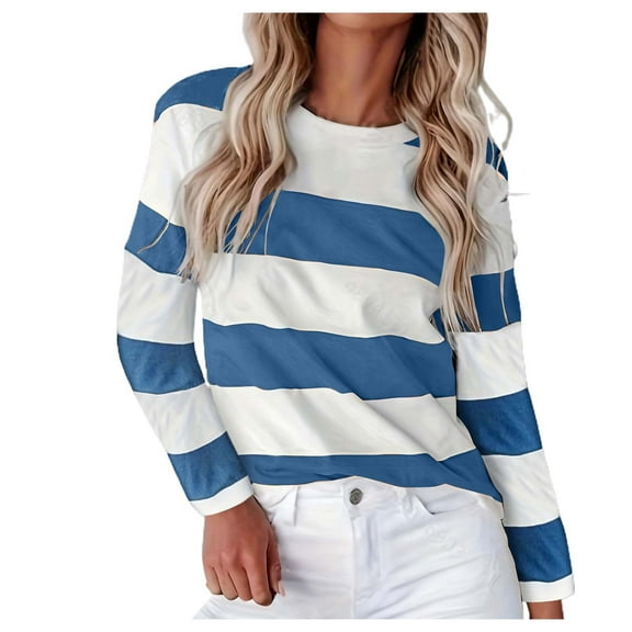 GBSYEWXS Women Tops Dark Blue Crew Neck Striped Print Relaxed T-Shirts Fashion Long Sleeve Tee
