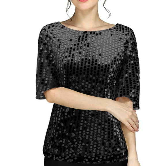 GBSYEWXS Women Tops Fashion Elbow-Length Sequins T-Shirts Stretch Crew Neck Shirts Black
