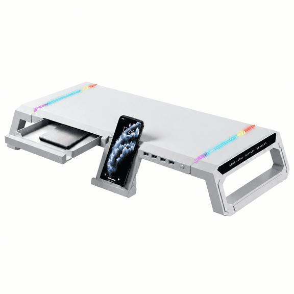 GBedFrms Stands for calculating machines,Computer Monitor Stand with RGB Lighting, Ergonomic Desktop Riser with Storage Drawer, USB 2.0 Ports and Phone Holder