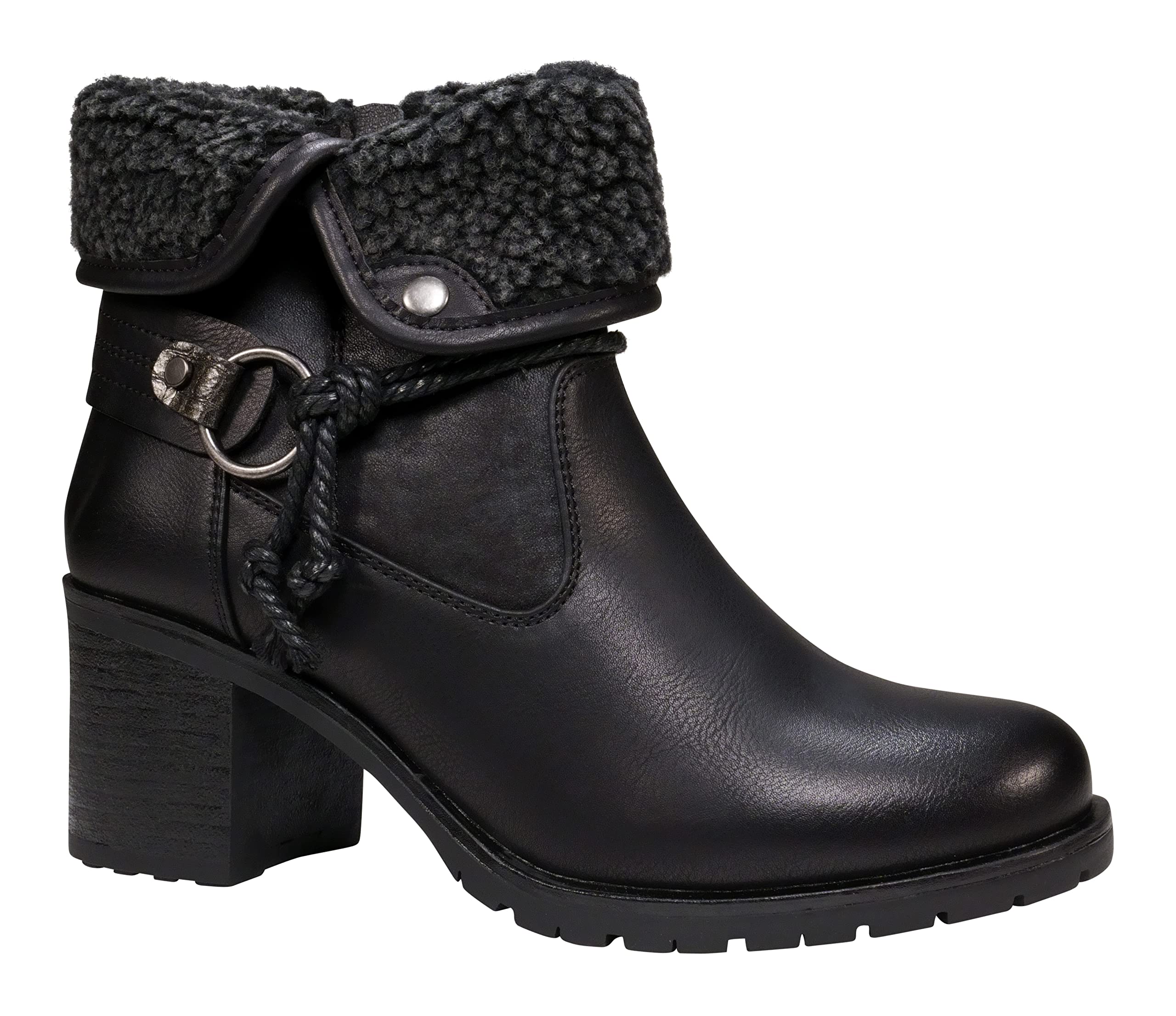 Foldover Ankle Boots for Women, Plush Cuff Low Heel Vegan Leather