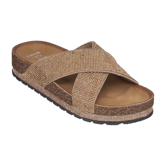 GC Shoes Women's Cork Platform Footbed Sandals, Casual Summer Comfort Slides, Criss Cross Strap Slip Ons, Ariane/Gold/9.5