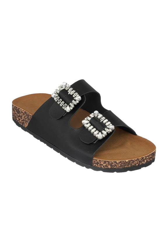 Women's Cork Platform Footbed Sandals, Casual Summer Comfort Slides, Two Buckle Strap Slip Ons, Claudia/Black/6