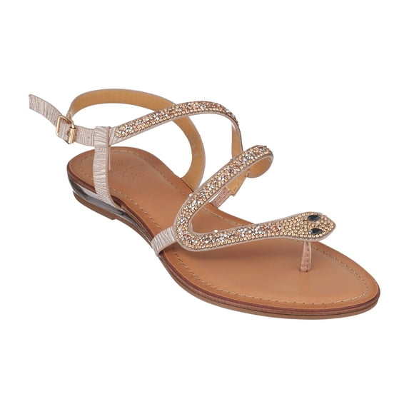 GC Shoes Women's Flat Fashion Sandals, Rhinestone Studded Snake Band Flats with Ankle Strap & Metallic Wedge, Sky/Rose Gold/6