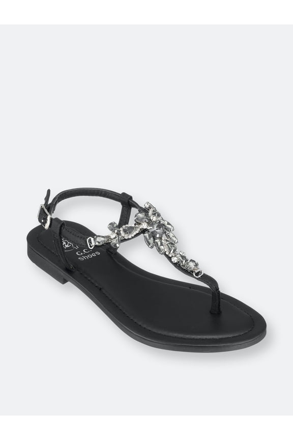 Women's Jeweled T Strap Flat Sandals, Dressy Summer Ankle Buckle Flats, Comfortable Fashion Sandal, Josie/Black/9