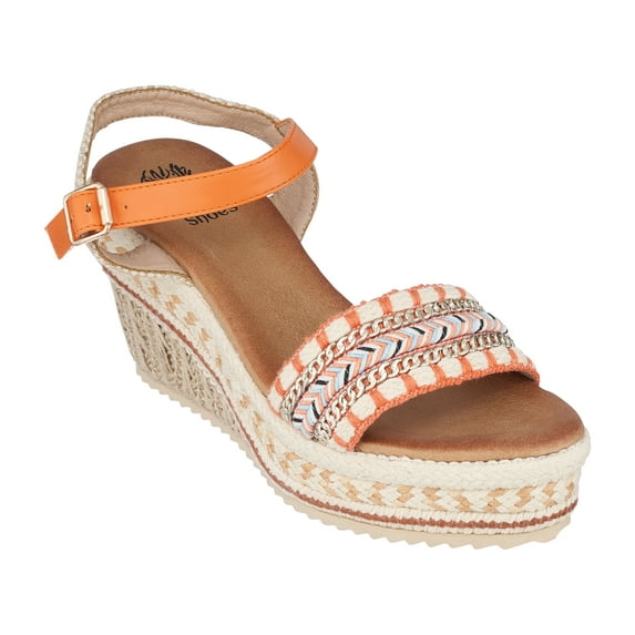 GC Shoes Women's Open Toe Memory Foam Summer Espadrille Wedge Sandals, Braided Strap Ankle Platform Heels, Cheri/Orange/6.5