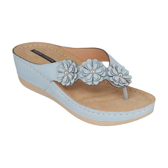 GC Shoes Women's Wedge Sandals, Low Heel Casual Summer Platform w/ Arch Support, Thong Slide Comfort Wedges, Ammie/Blue/9.5