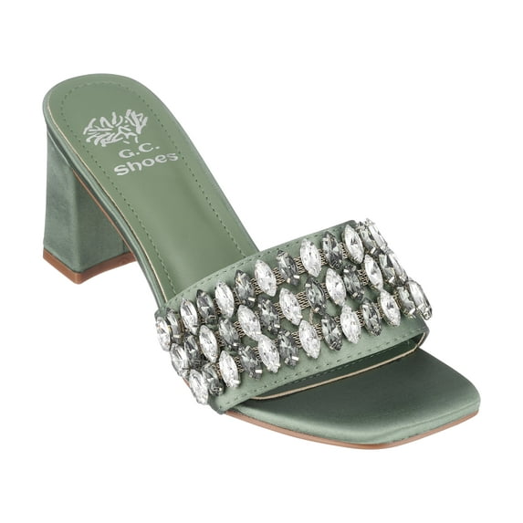GC Shoes Womens Block Heeled Sandals, Open Toe Fashion Heels, Slip On Jeweled Band High Heel Dress Slides, Drais/Green/9.5