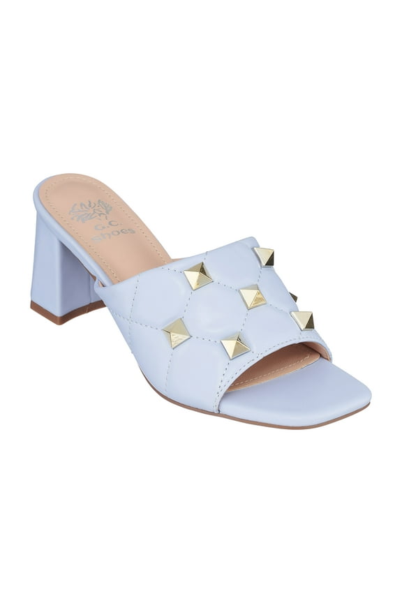 Womens Block Heeled Sandals, Open Toe Fashion Heels, Slip On Studded Strap High Heel Dress Slides, Alexis/Lilac/6.5