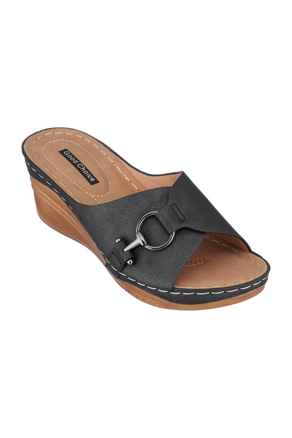 Womens Memory Foam Wedge Sandals, Open Toe Mid Heel Platform, Comfy Vegan Leather Buckle Strap Slides, Bay/Black/10