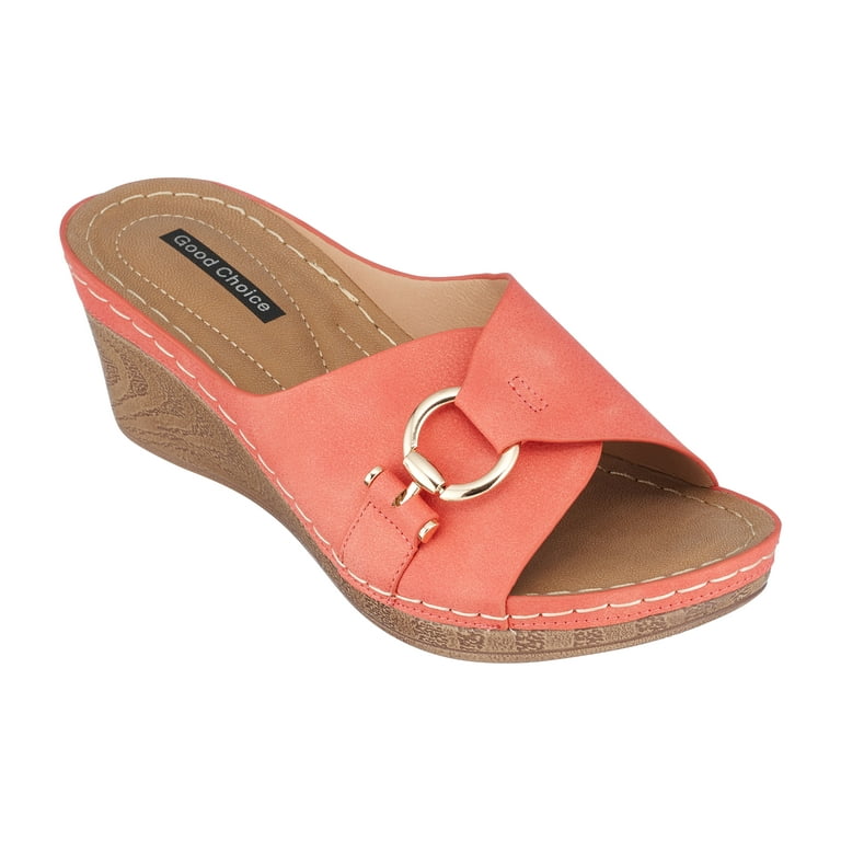 GC Shoes Womens Memory Foam Wedge Sandals Open Toe Mid Heel Platform Comfy Vegan Leather Buckle Strap Slides Bay Coral 8.5 Walmart