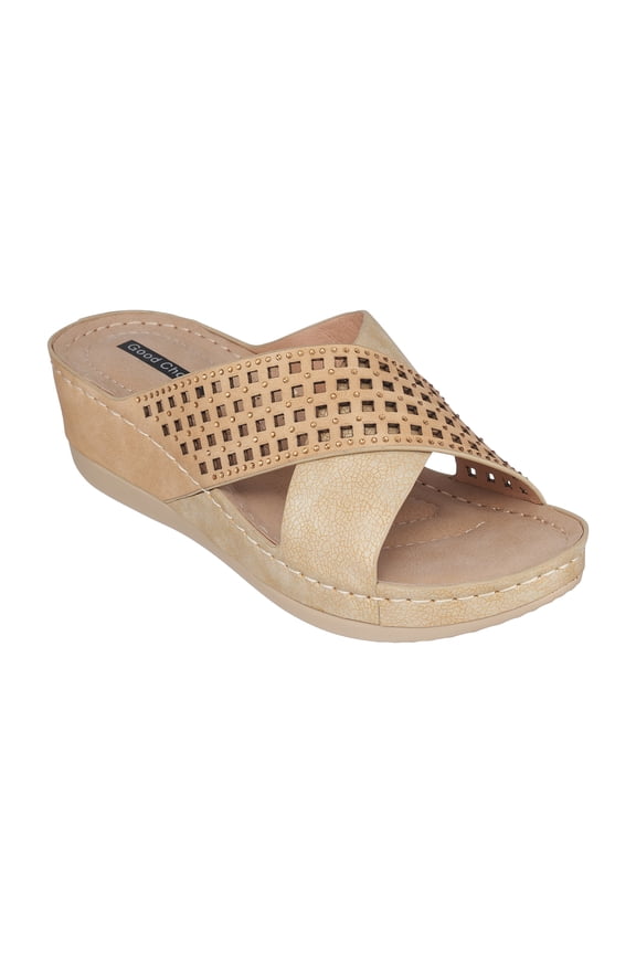 Womens Open Toe Memory Foam Wedge Sandals, Comfy Slip On Low Heel Cross Band Slide Platform, Isabella/Gold/8.5