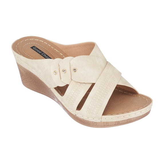 GC Shoes Womens Open Toe Memory Foam Wedge Sandals, Summer Platform Heels, Low Heeled Crossover Strap Slides, Dorty/Ice/8.5