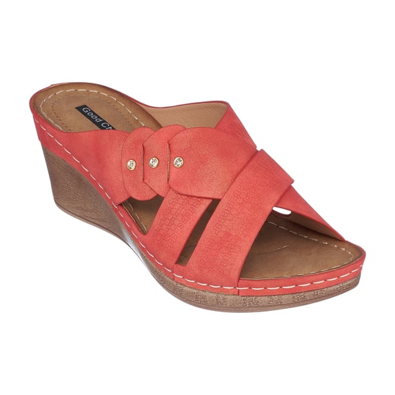 GC Shoes Womens Open Toe Memory Foam Wedge Sandals, Summer Platform Heels, Low Heeled Crossover Strap Slides, Dorty/Red/8