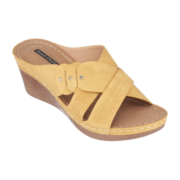 GC Shoes Womens Open Toe Memory Foam Wedge Sandals, Summer Platform Heels, Low Heeled Crossover Strap Slides, Dorty/Yellow/8.5