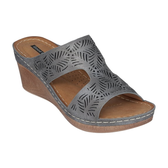 GC Shoes Womens Open Toe Memory Foam Wedge Sandals, Summer Platform Heels, Low Heeled Perforated Strap Slides, Drift/Gold/8.5