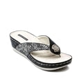 thumbnail image 1 of GC Shoes Womens Open Toe Wedge Sandals, Comfy Vegan Leather Slip On Low Heel Animal Print Strap Thong Platform, Black/ 8.5, 1 of 5