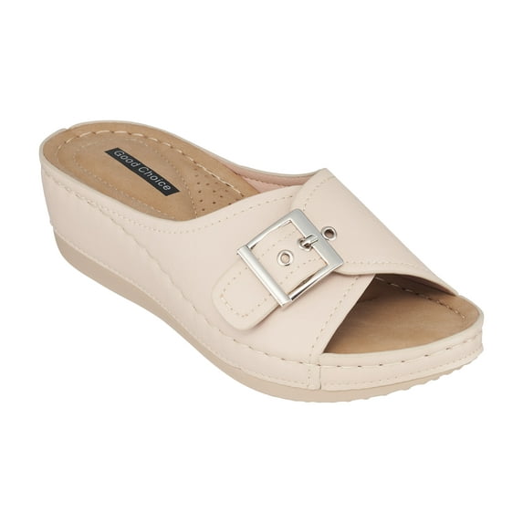 GC Shoes Womens Open Toe Wedge Sandals, Comfy Vegan Leather Slip On Low Heel Buckle Strap Slide Platform, Ivory/Size 6