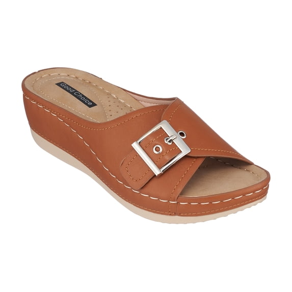 GC Shoes Womens Open Toe Wedge Sandals, Comfy Vegan Leather Slip On Low Heel Buckle Strap Slide Platform, Tan/Size 7.5