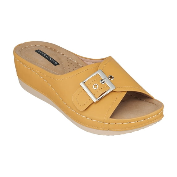 GC Shoes Womens Open Toe Wedge Sandals, Comfy Vegan Leather Slip On Low Heel Buckle Strap Slide Platform, Yellow/Size 7.5