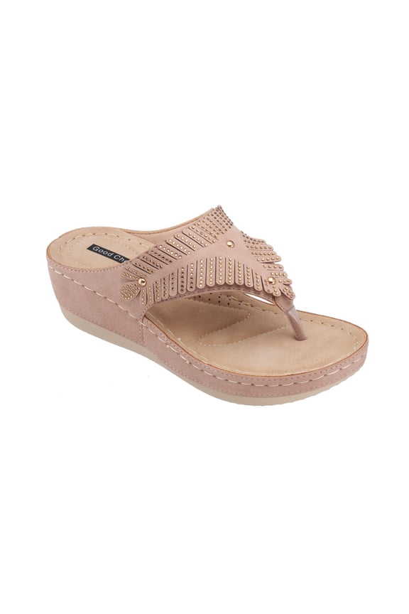 Womens Open Toe Wedge Sandals, Comfy Vegan Leather Slip On Low Heel Studded Strap Thong Platform