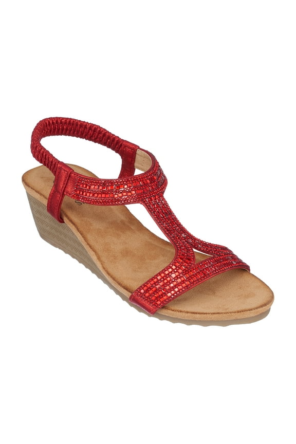 Womens Rhinestone Strap Wedge Sandals, Open Toe Elastic Sling Back Summer Platform Slide Sandal, Coretta/Red/6