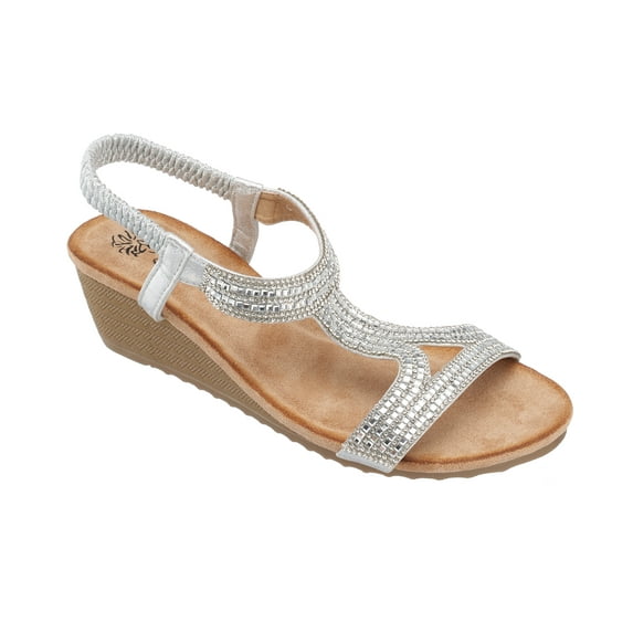 GC Shoes Womens Rhinestone Strap Wedge Sandals, Open Toe Elastic Sling Back Summer Platform Slide Sandal, Coretta/Silver/8