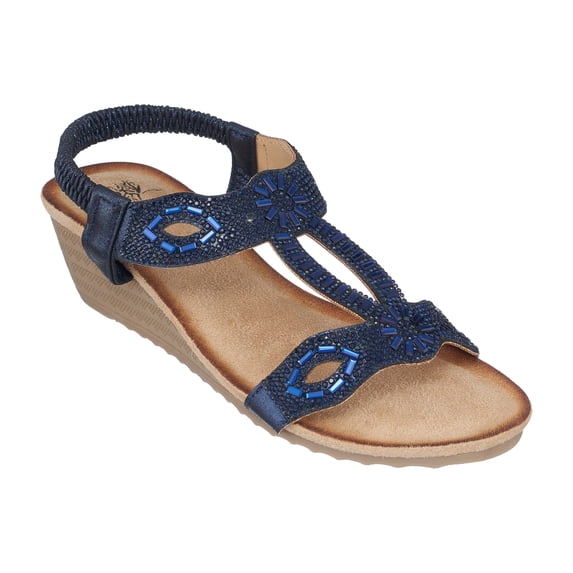 GC Shoes Womens Rhinestone Strap Wedge Sandals, Open Toe Elastic Sling Back Summer Platform Slide Sandal, Pelle/Blue/8