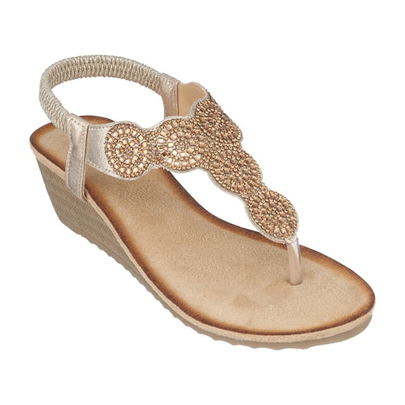 GC Shoes Womens Rhinestone Strap Wedge Sandals, Open Toe Elastic Sling Back Thong Summer Platform Sandal, Billie/Gold/10