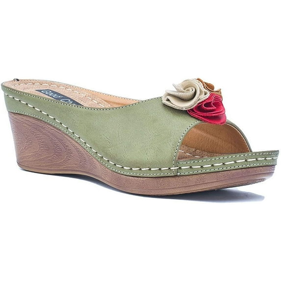 GC Shoes Womens Wedge Sandals, Open Toe Mid Heel Platform, Comfy Vegan Leather Solid Flower Strap Slide Wedges, Coral/Size 6