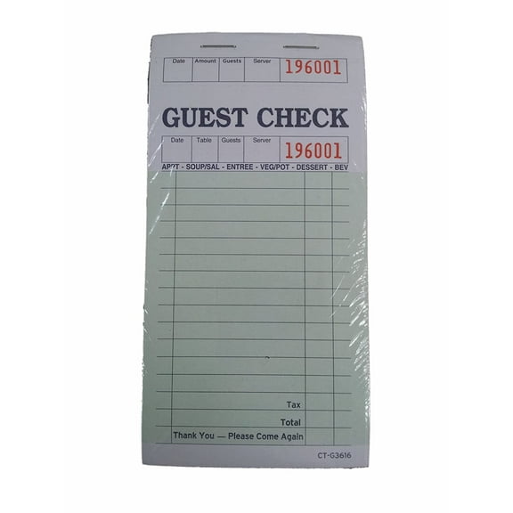 GC3616 Guest Check, One Soft Page, Green, 100 Pages/Book (Case of 50)