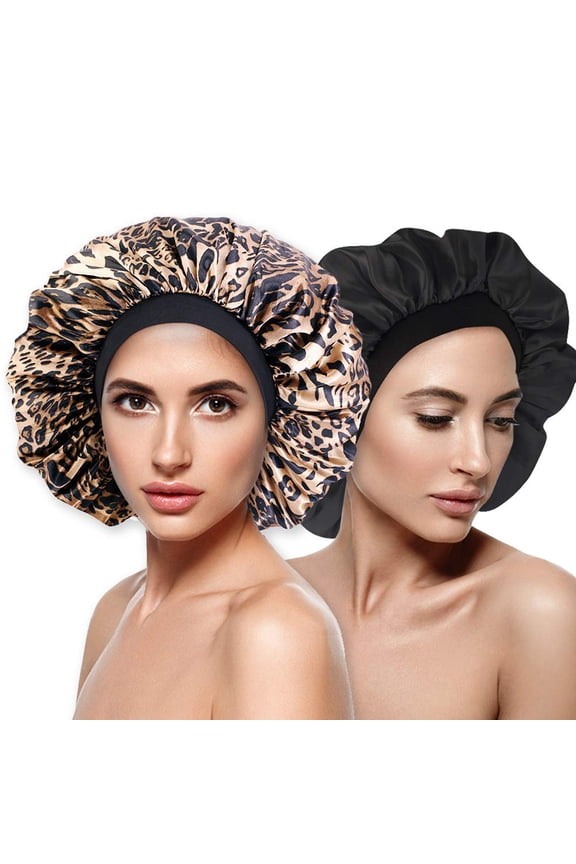 -Satin Bonnet Silk 2 Pack Curly Natural Long Hair Sleep Cap Women Night Extra Large Oversized Headbands XL XXL(Black,Leopard)