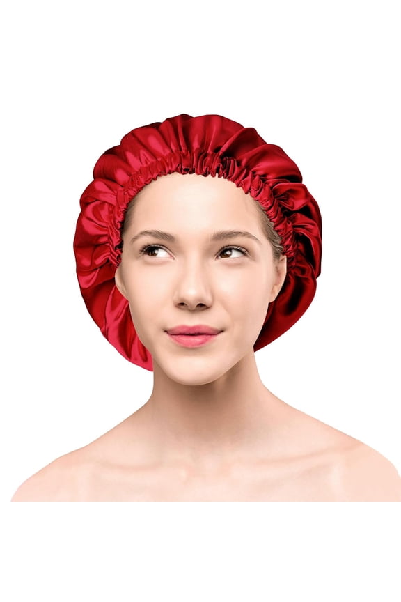-Satin Silk Bonnet for Sleeping Adjustable Double Layer Satin Sleep Cap for Women Girls Natural Curly Straight Long Hair, Red