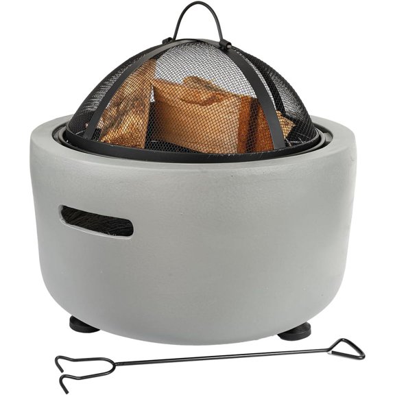 GCCP 18in Round Gray Magnesium Oxide Fire Pit W Spark Screen Poker Wood Burning For Backyard Patio Deck