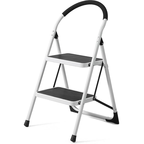 GCCP 2 Step Ladder White 18.9X34.8 Inch Foldable Anti Slip Pedal 330 Lb Cap For Kitchen Home Office