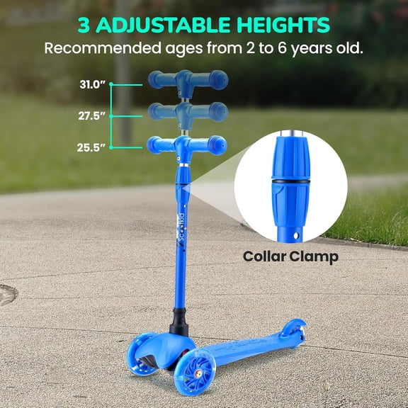 GCCP 21.48x11.22x11.24in Blue Mini Kick Scooter For Kids 2-5 3 Wheel Adjustable Handlebar LED Light Up Wheels