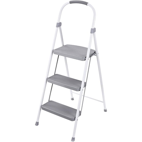 GCCP 3-Step 17.8x48.4in White Folding Step Ladder Steel 225lb Capacity Lightweight Portable Hand Grip