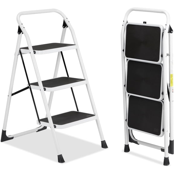 GCCP 3-Step 18.31x39.19in Black White Folding Step Ladder 330lb Capacity Anti-Slip Wide Pedal Portable