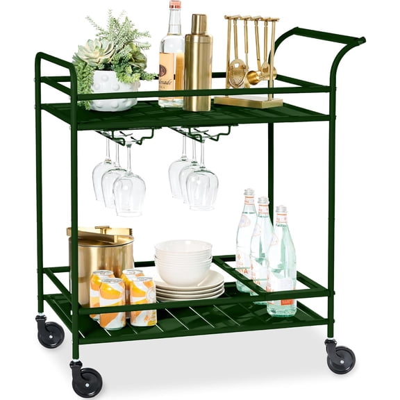 GCCP 30x18x34in Deep Green Rolling Bar Cart w Wine Rack 2 Tier Lockable Wheels Indoor Outdoor