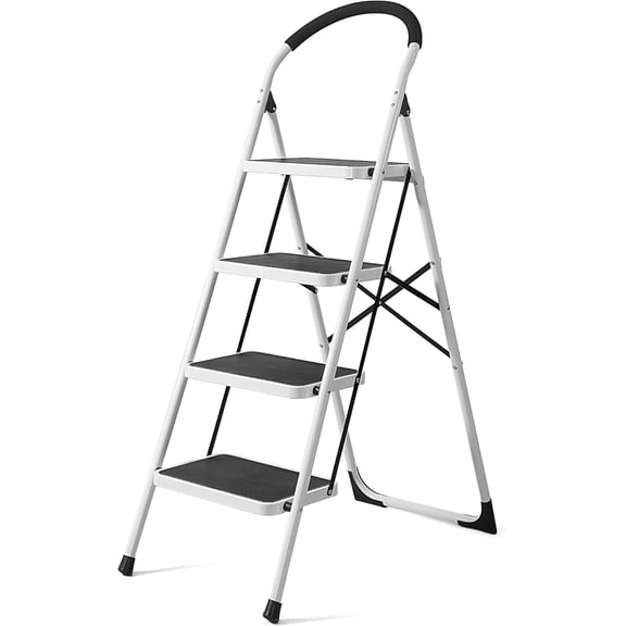 GCCP 4 Step Ladder White 19.29x52.95 Inch Folding Stool Anti Slip Pedal 330 Lbs