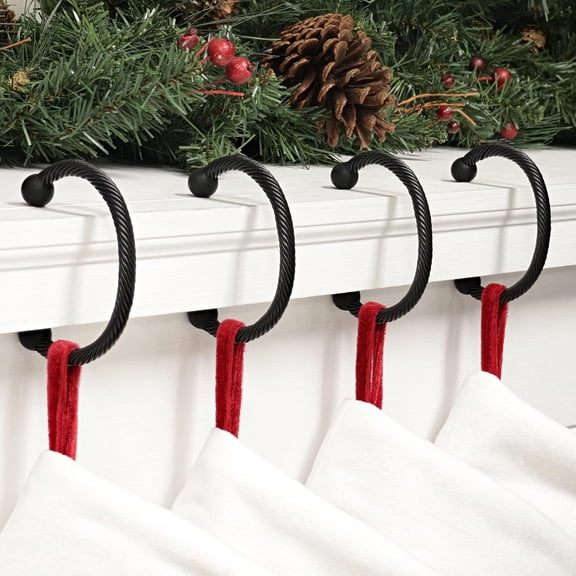 GCCP Adjustable Stocking Holder Black 4 Pack 10 Lbs For Fireplace Mantel Christmas Hanger Rope Design