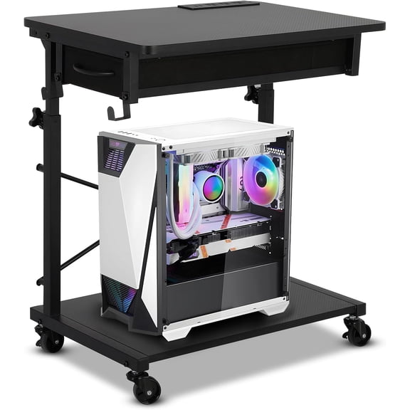 GCCSJ Computer Tower Stand Under Desk - Adjustable Height PC Tower StandPC Stand for Floor with Drawer & 2 Lockable Castors2 Tier Computer Cart for ATX CaseOfficeGame RoomsStudy Room