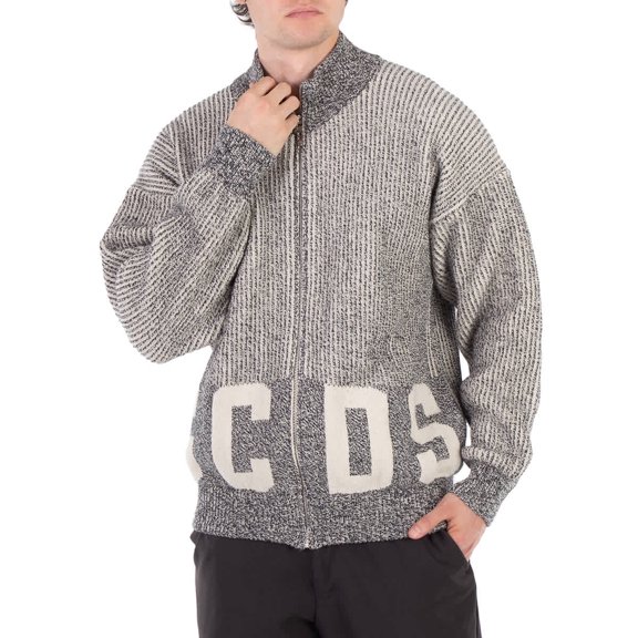 GCDS Grey Ribbed Logo Full Zip Cardigan, Size Medium