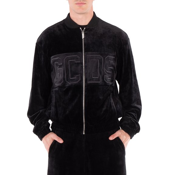 GCDS Logo-Embroidered Velvet Zip-Up Sweatshirt, Size Large
