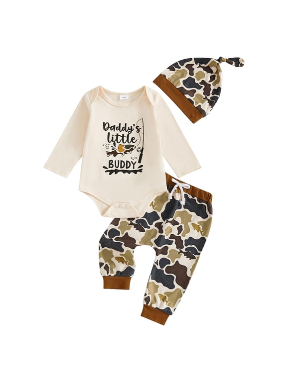 Baby 3‑Piece Outfit Set, Long Sleeve Bodysuit Camouflage Pants with Hat, Daddy's Little Buddy Print Casual Clothing Set