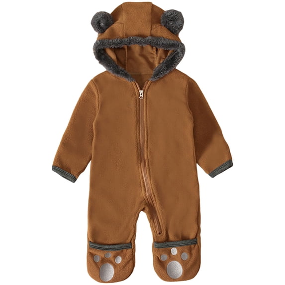 GCETTIC Baby Bear Fleece Footed Romper Hooded Zip‑Up Onesie with Ear Paw Print Footies Warm Winter Outfit for Infant Boys Girls Size,0-3 Months